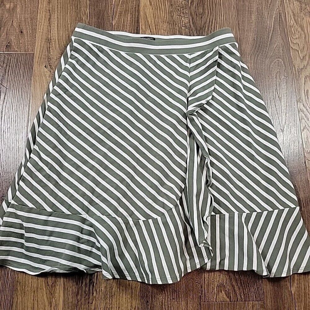 Talbots Skirt Womens Medium Petite Green Stripe Stretch PullOn Ruffle Wrap